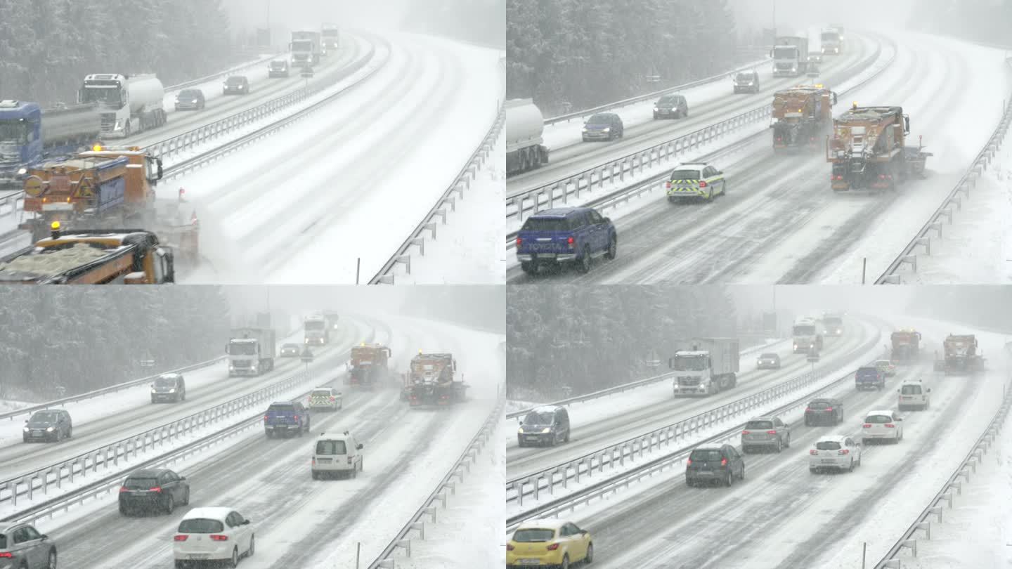 两辆扫雪车开上高速公路，扫雪路上的积雪。