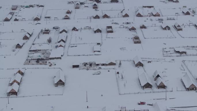 航拍新疆喀纳斯新村雪景