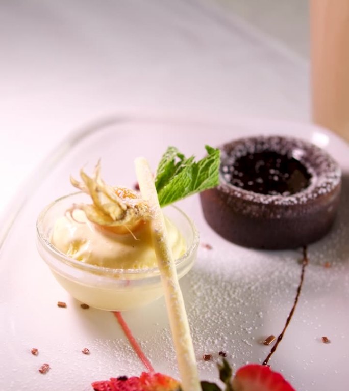 白色盘子里的巧克力软糖配上黑巧克力冰淇淋，草莓糖浆，在昂贵的餐厅里是一道美丽的甜点