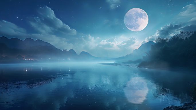 湖边月圆明月月亮唯美大屏背景舞台