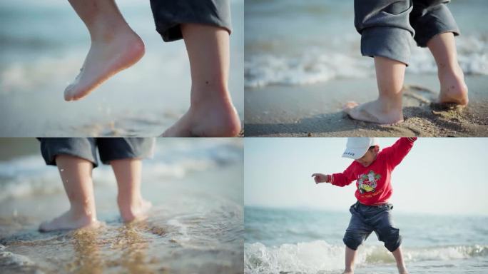 小朋友赤脚海边玩水