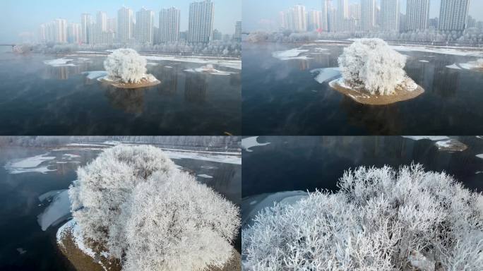 吉林雾凇树挂松花江冬季风光航拍