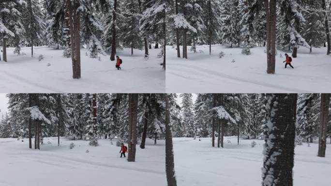 航拍男人走在新疆喀纳斯大雪覆盖的森林中