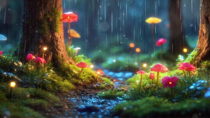 4K大屏雨天下雨唯美梦幻森林蘑菇概念背景