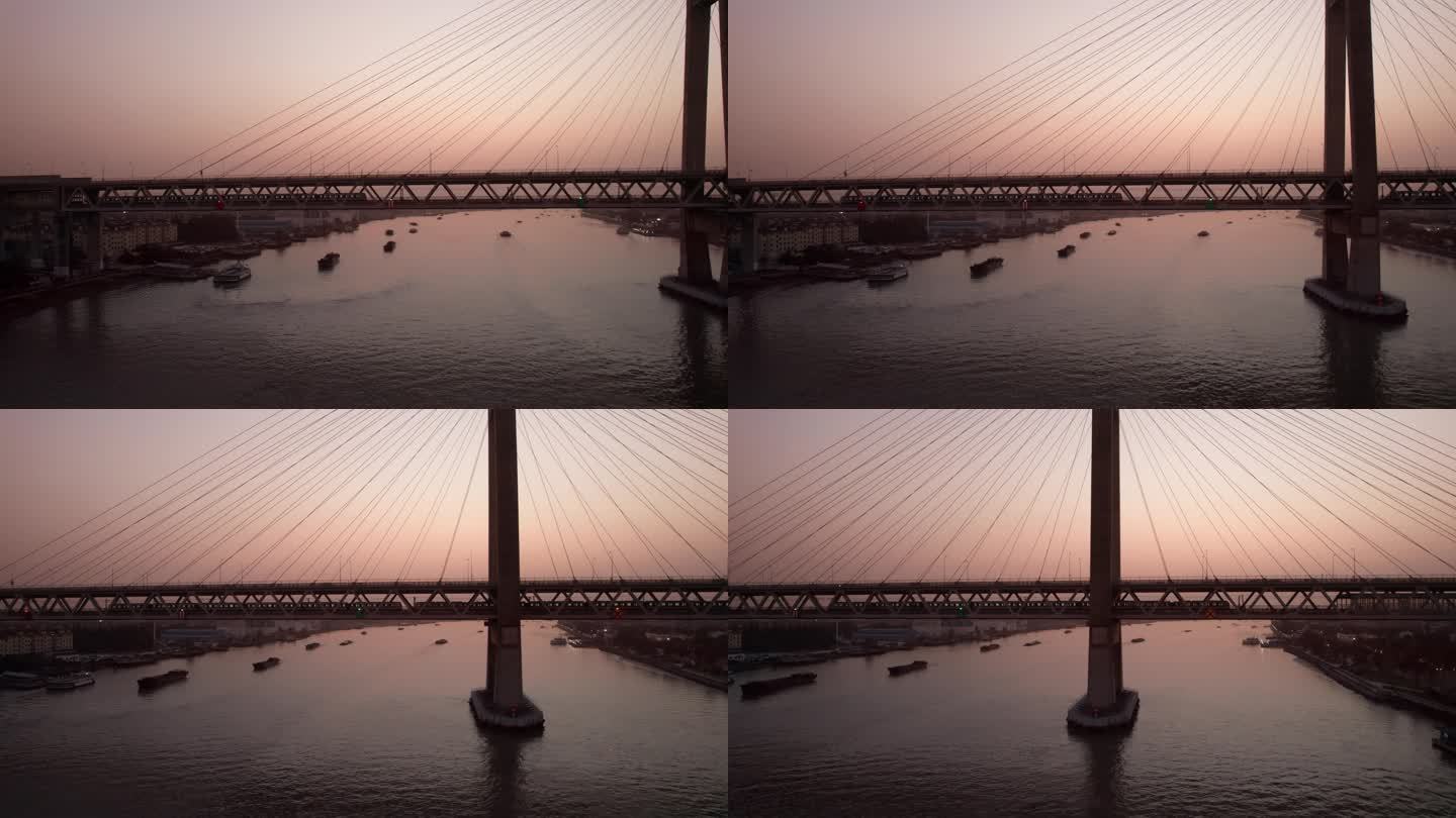 傍晚大桥地铁城市交通航拍片头空镜