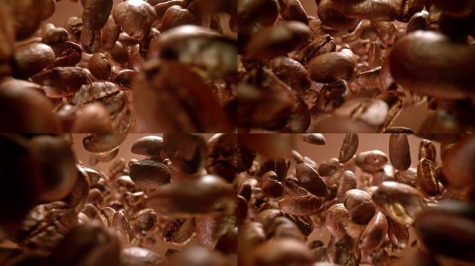 超级慢动作细节拍摄咖啡豆飞向相机在1000帧/秒。