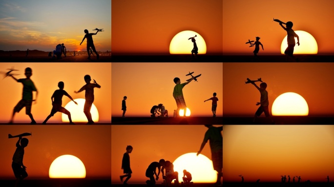 夕阳下儿童玩耍快乐童年六一国际儿童节
