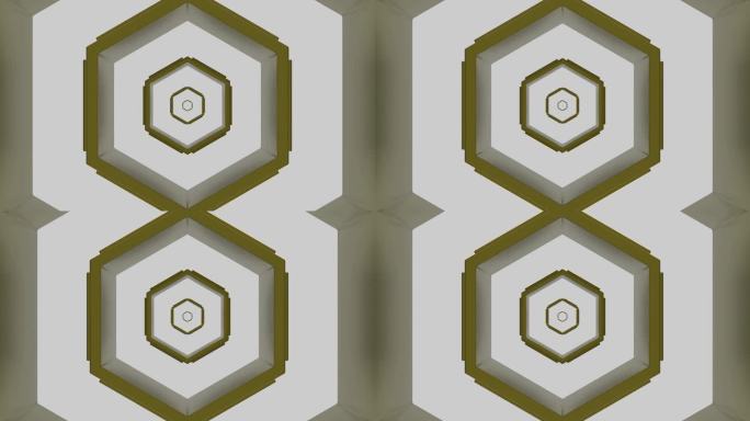 催眠飞行在白色和绿色条纹的六边形隧道。设计。无穷无尽的几何图形长廊
