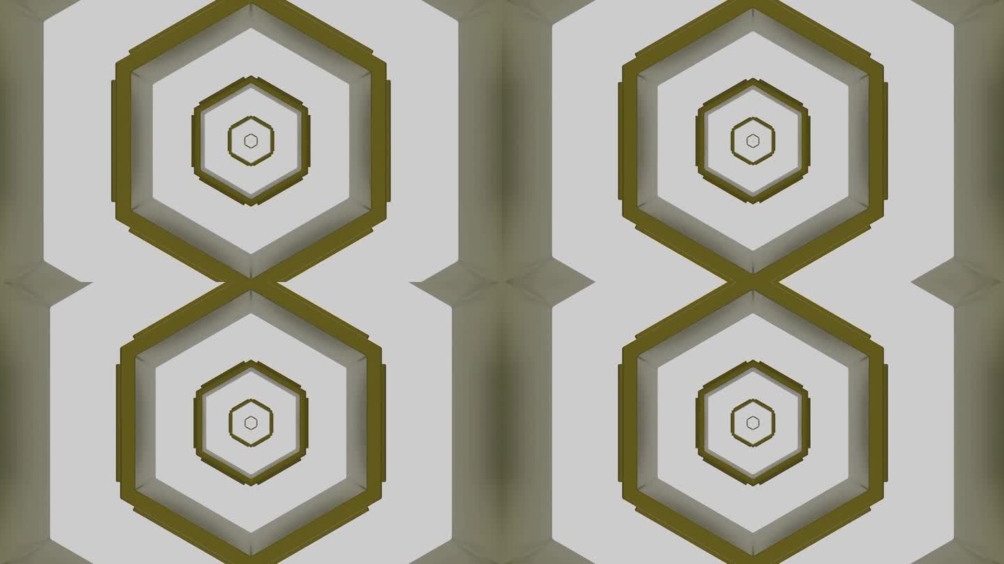 催眠飞行在白色和绿色条纹的六边形隧道。设计。无穷无尽的几何图形长廊