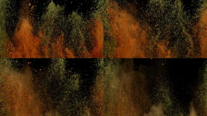 在黑色背景下，以1000帧/秒的速度拍摄各种香料的彩色爆炸。