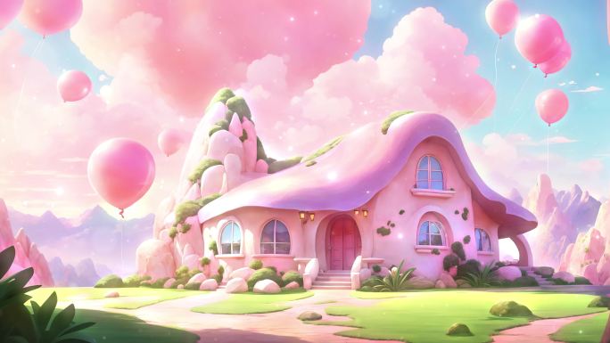 4K动漫卡通唯美梦幻粉色粉红气球房子背景