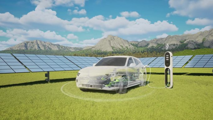 白色汽车在带有太阳能电池板的电动汽车充电站充电——4K分辨率