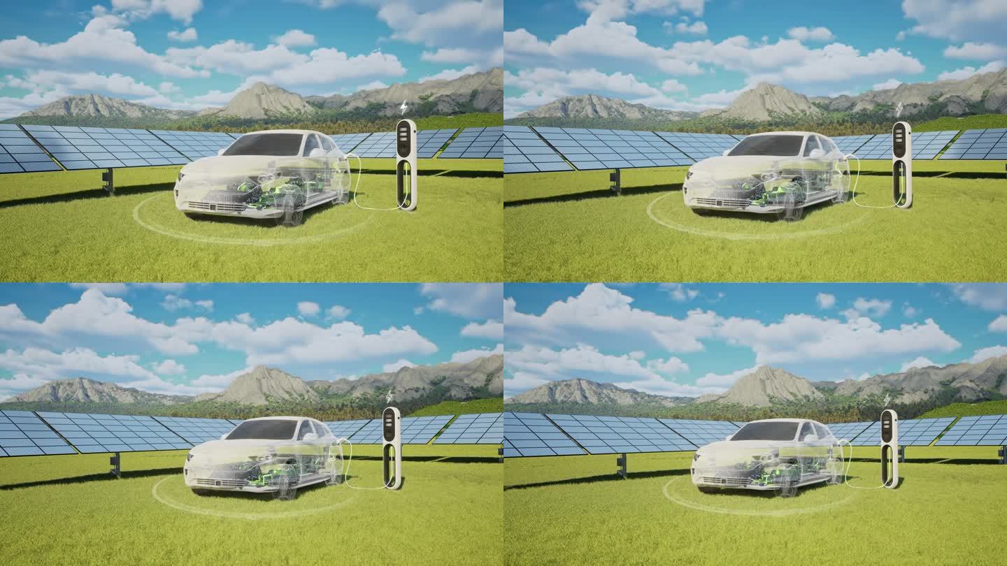 白色汽车在带有太阳能电池板的电动汽车充电站充电——4K分辨率