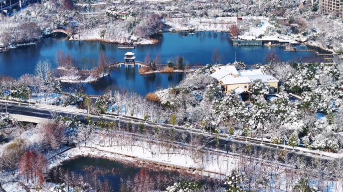 4k长沙洋湖湿地公园雪景航拍