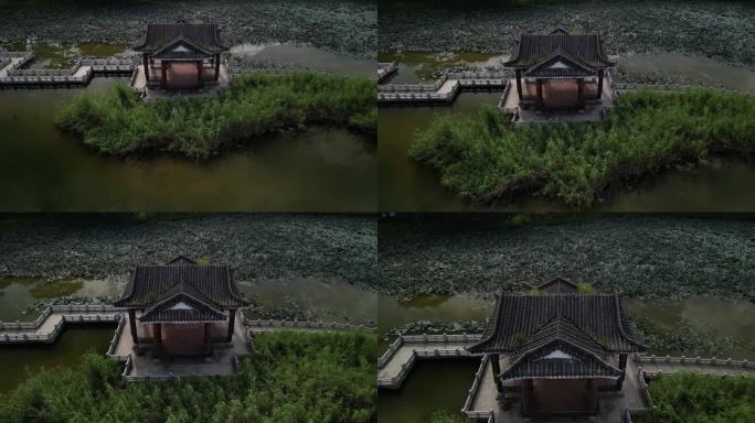 无人机拍摄的松山湖壁龛，背景是荷花