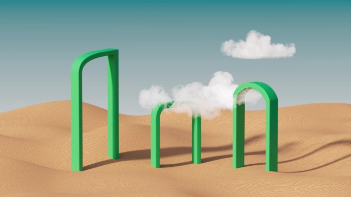 超现实的3D动画，以现代，极简主义的沙漠景观和绿色拱门为特色