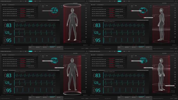 软件显示医院女病人进行未来扫描的重要活动。高科技用户界面显示健康紧急情况，在一般检查