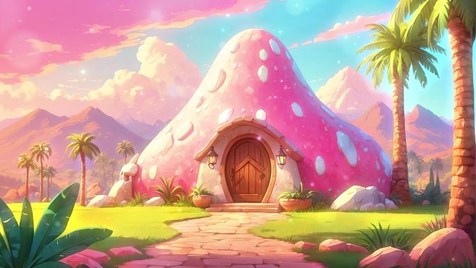4K动漫卡通唯美梦幻粉色粉红蘑菇房子背景