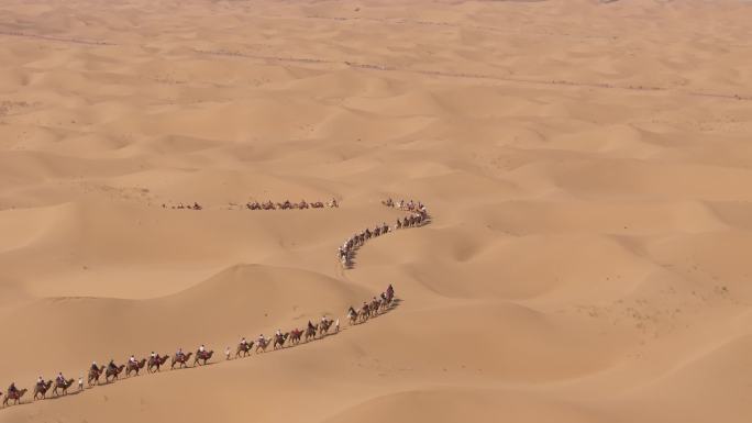 航拍沙漠黄沙骑骆驼