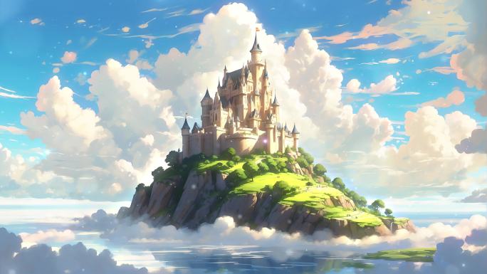 4K卡通动漫动画空中城堡唯美梦幻白云背景