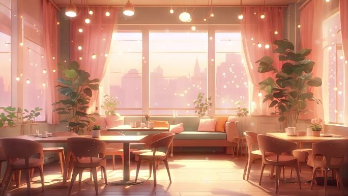 4K卡通动漫唯美梦幻室内餐厅咖啡厅背景