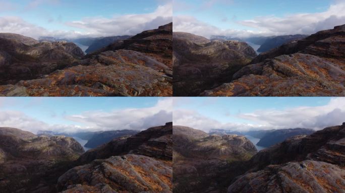 挪威斯特兰德市布道石(讲坛岩)徒步旅行路线的无人机镜头