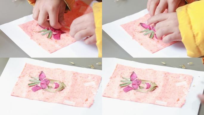 儿童用干树叶花瓣制作创意手工花纸