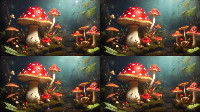 4K卡通动漫唯美梦幻森林生态蘑菇背景