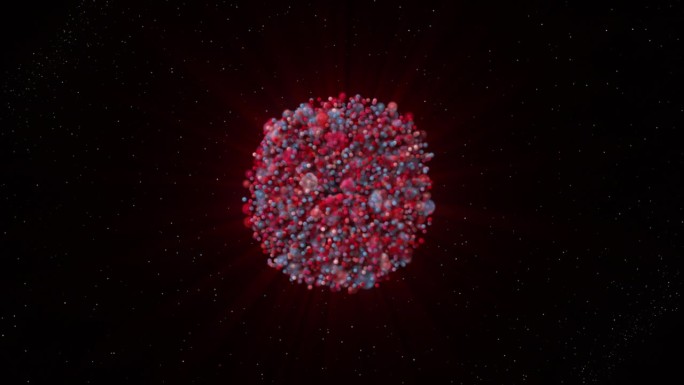 红色可溶解3d球。运动。一个大球在黑色背景上与明亮的小星星一起动画，溶解并消失。高品质4k画面