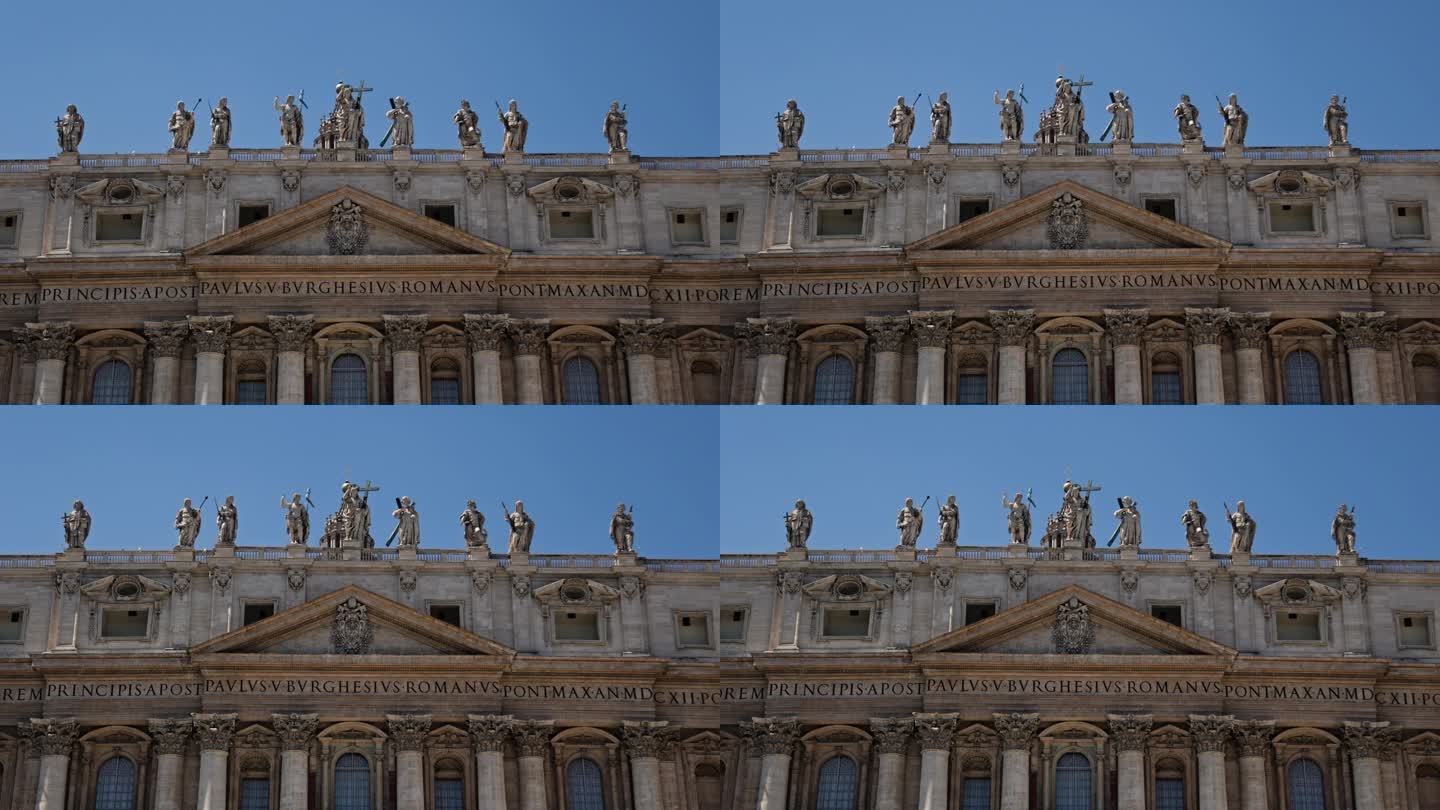 梵蒂冈城。圣彼得大教堂的雕像，圣彼得大教堂对面的马德尔诺喷泉，阳光明媚的日子里，罗马圣彼得广场喷泉的