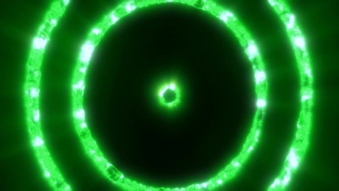 抽象的背景环圈，一个隧道的飞行绿色环的能量等离子体与辉光效果闪亮的节日明亮美丽的未来高科技，屏幕保护