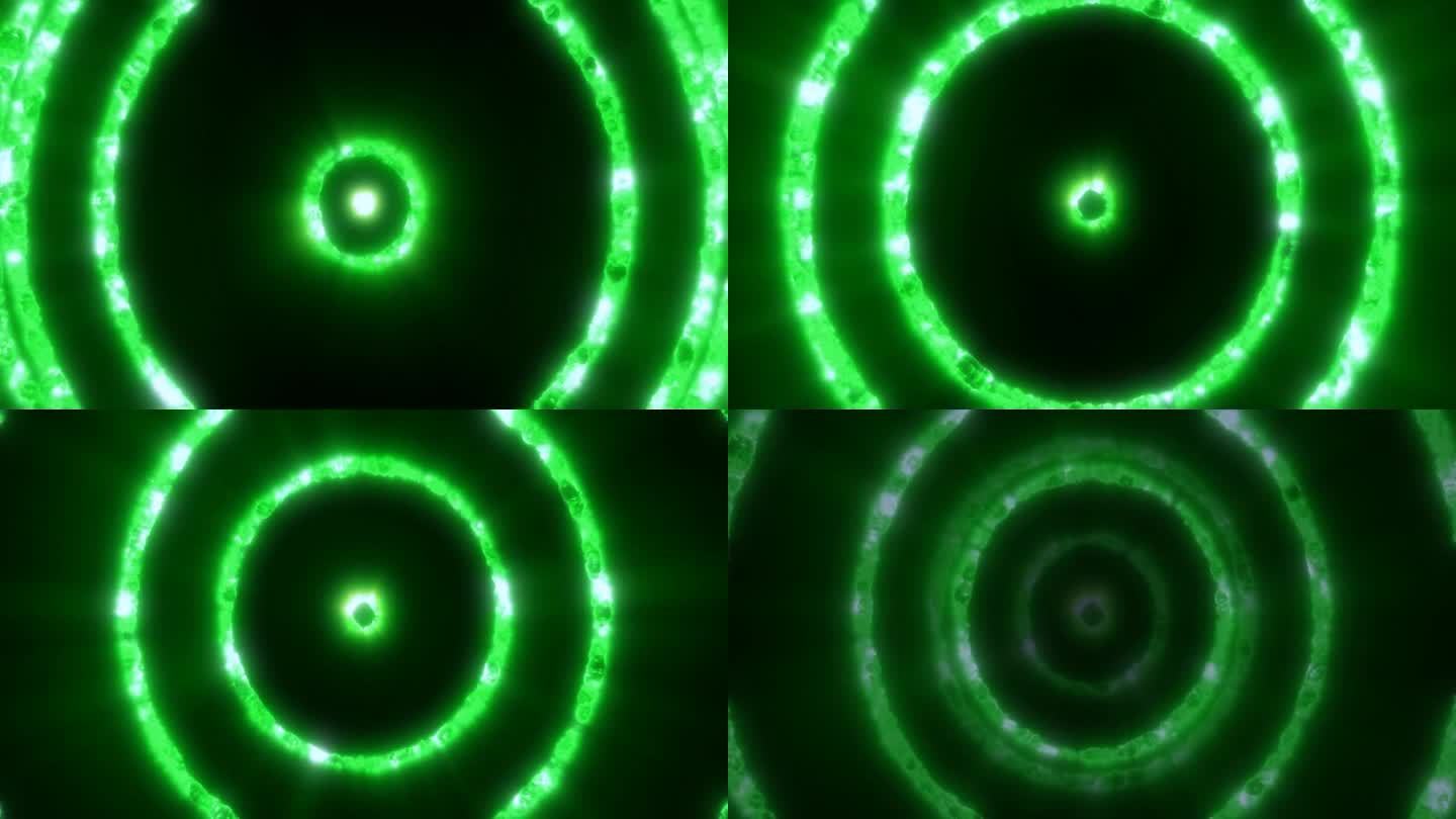 抽象的背景环圈，一个隧道的飞行绿色环的能量等离子体与辉光效果闪亮的节日明亮美丽的未来高科技，屏幕保护
