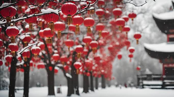 树枝上的红色灯笼过年氛围下雪天