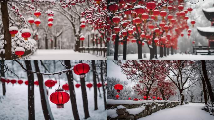 树枝上的红色灯笼过年氛围下雪天