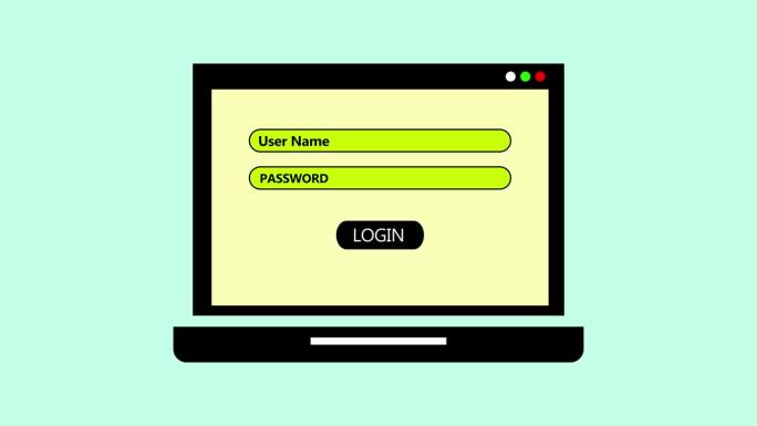 笔记本电脑屏幕显示登录页面，用户名和密码字段在一个简单的粘贴背景动画。