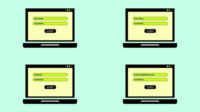 笔记本电脑屏幕显示登录页面，用户名和密码字段在一个简单的粘贴背景动画。