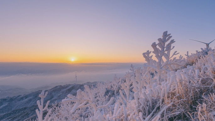 雾凇雪景云海日出延时摄影-广西桂林资源县