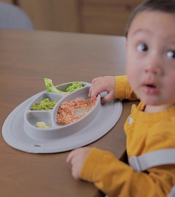 一个盛着食物的吹盘子的俯视图，而一个孩子正在吃。婴儿主导的断奶概念