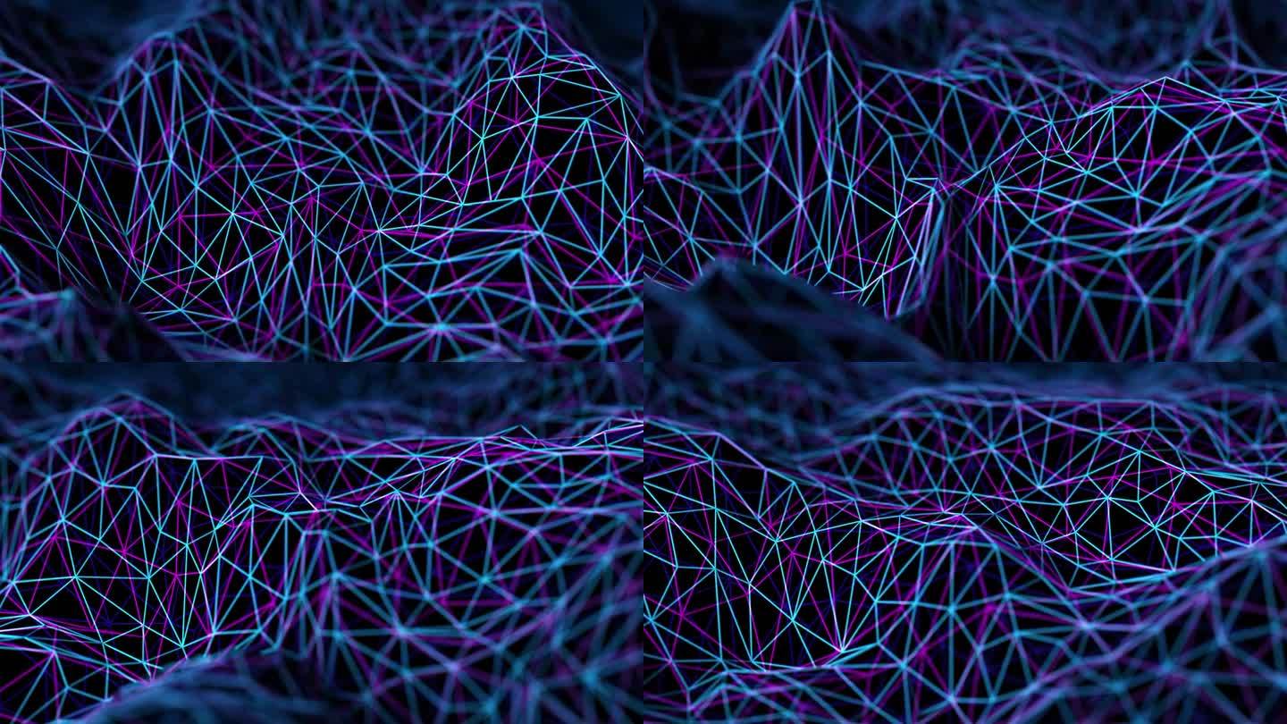 三维波浪线框景观。数字人工智能、声波、网络空间或虚拟现实的抽象概念。黑色背景上的蓝色和玫瑰三角形网格
