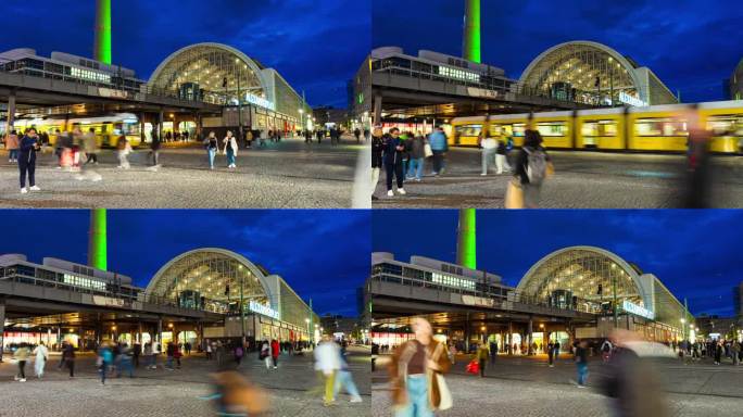 在德国柏林中部米特区的大型公共广场和交通枢纽亚历山大广场，游客在夜间步行和穿过道路和有轨电车站的时间