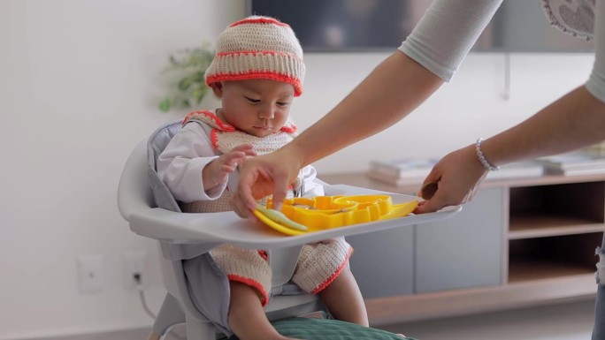 一个坐在椅子上的婴儿在家里拿着他的早餐盘。婴儿主导的断奶概念