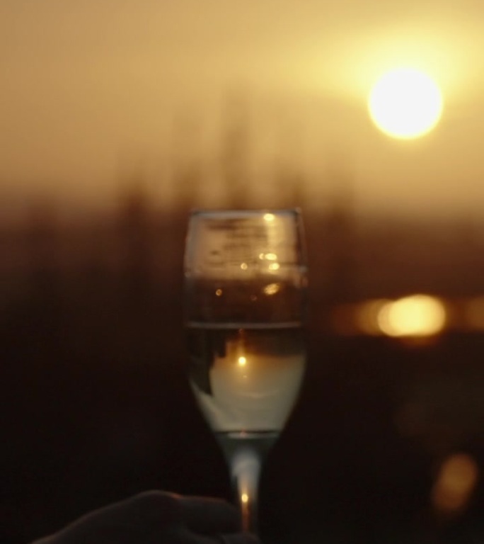 垂直视频。一个女人走到阳台上，端着一杯香槟向夕阳告别，远处海上帆船的高高的桅杆。
