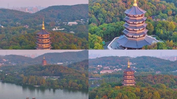 唯美杭州西湖雷峰塔景区大自然风光群山航拍