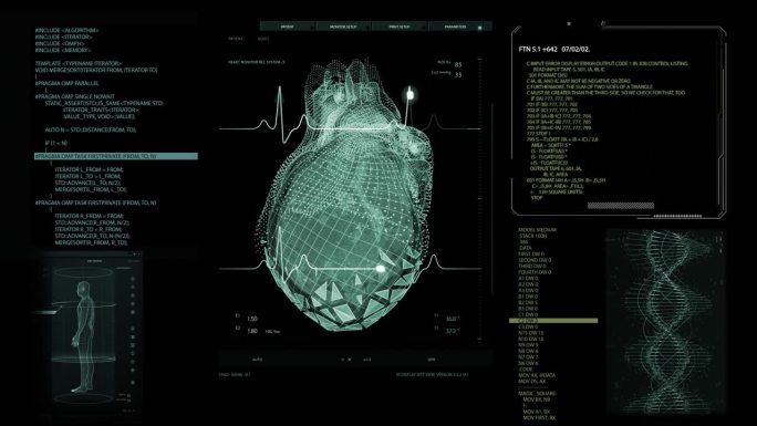 健康监测医疗软件接口的医生和诊所。深色屏幕替换心脏活动监测3D模型。重要器官可视化的用户界面