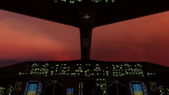 在黄昏和多云的情况下，驾驶舱内的波音777空无一人
