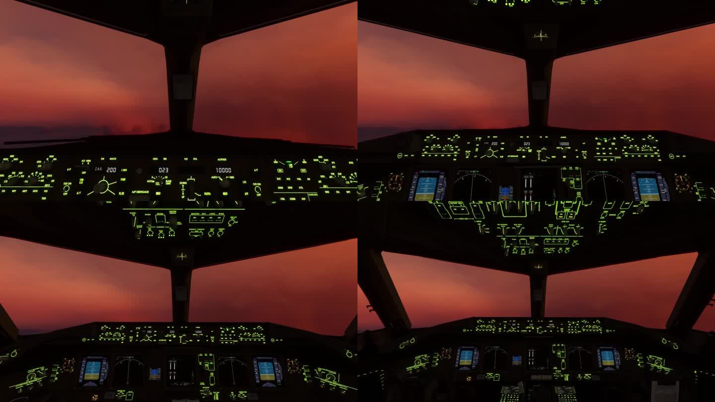 在黄昏和多云的情况下，驾驶舱内的波音777空无一人