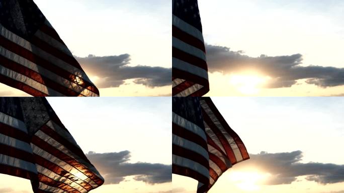 美国阵亡将士纪念日，独立日。美国国旗迎风飘扬在夕阳下，多云的天空背景。记住并尊重美国军队。阵亡将士纪