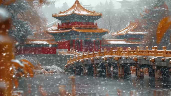 8k中国风冬日飘雪背景