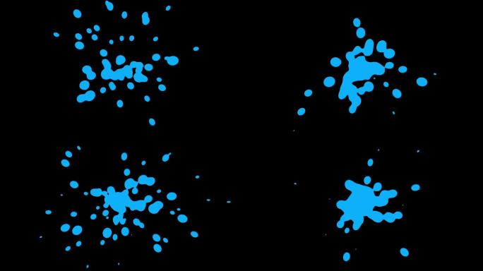 蓝色液体溅落水滴的抽象动作动画。流体墨水运动图形闪光效果。水形成2d爆炸动画背景4k分辨率。液体运动