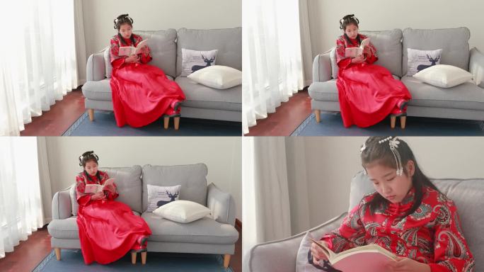 坐在沙发上安静看书的漂亮女孩